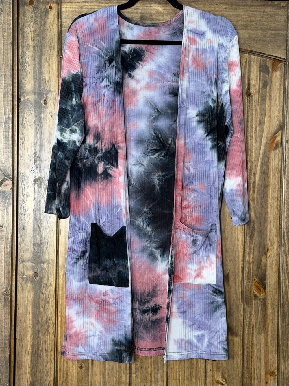 Tie-Dye Open Front Long Cardigan - Pink, Black & Purple